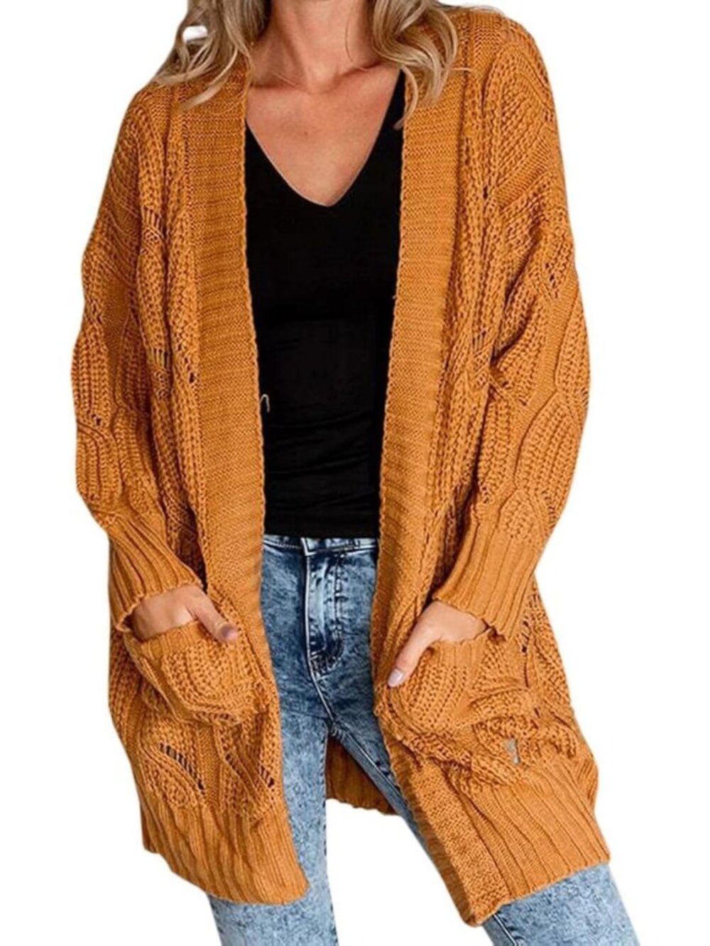 Women Black Long Open Front Outerwear Cable Knit Long Sleeve Pockets Sweaters